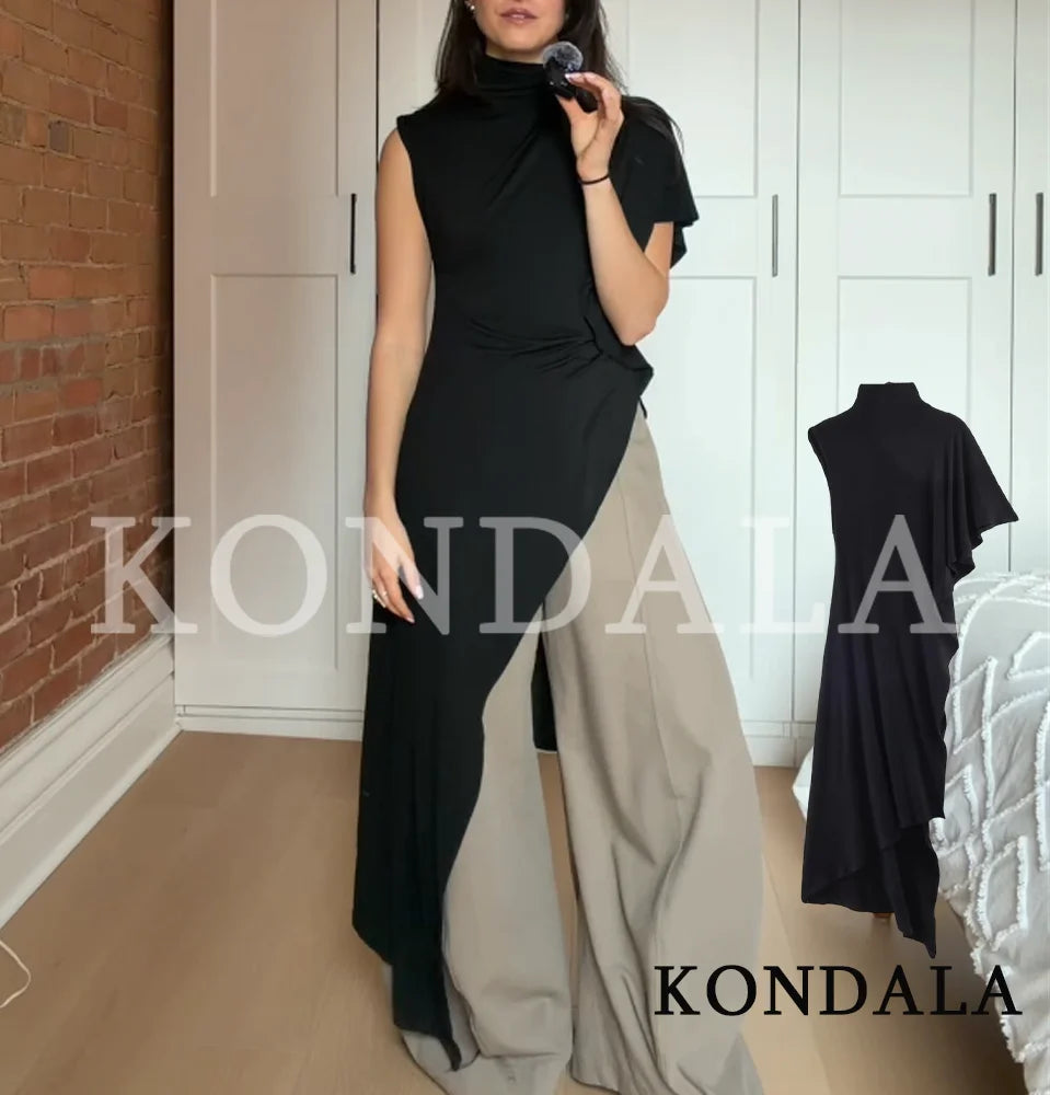 KONDALA Unique Chic Asymmetrical Hem Tops Women Elegant High Neck Long Tops 2026 Spring Summer Trendy High Street Lady Long Tops