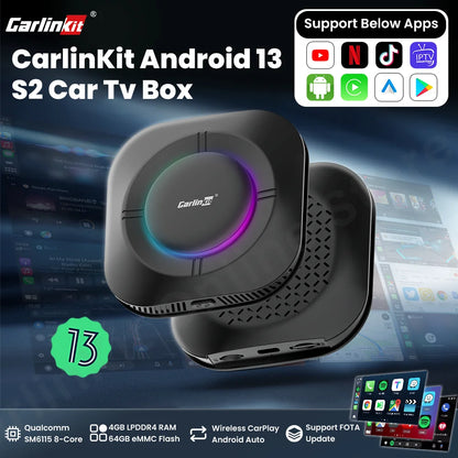 Carlinkit S2 Android 13 Tv Box SM6115 8 Core Carplay Wireless Android auto Support Youtube Netfilx IPTV Spotify Physical Switch