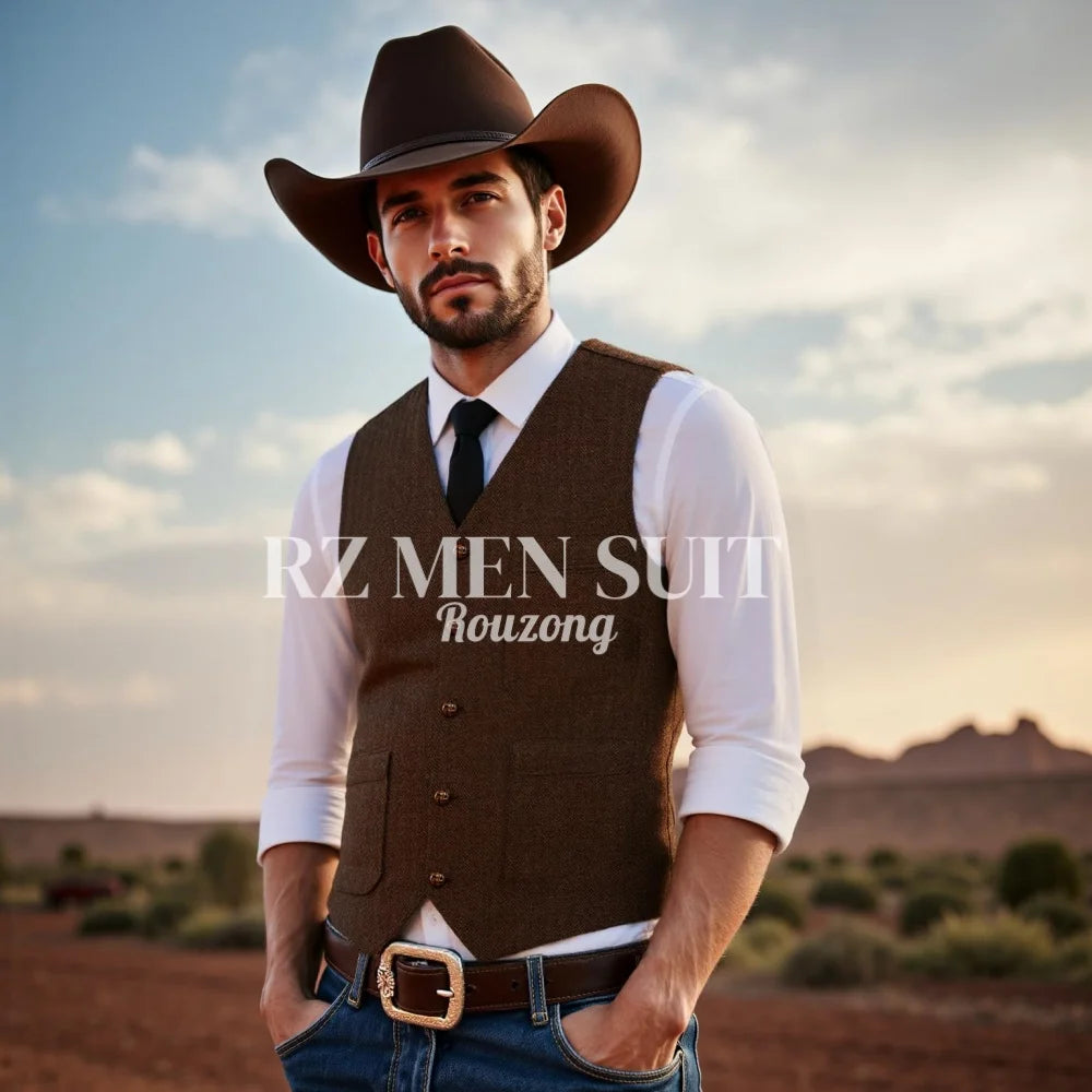 Mens Vintage Tweed Suit Vest V Neck Casual Wool Waistcoat for Wedding Groomsmen chaleco hombre