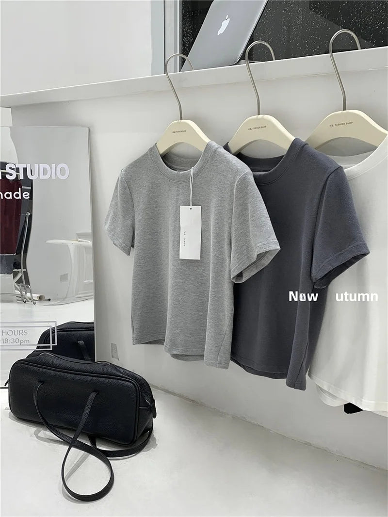 Lemon Women's Loose Short Sleeve T-Shirt Korean Style round Neck Base Shirt Inner Wear Simple Fashion Spring Autumn Top