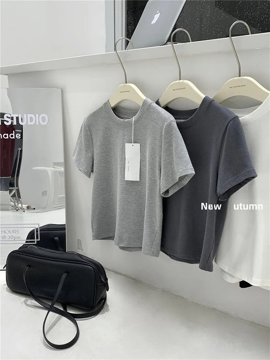 Lemon Women's Loose Short Sleeve T-Shirt Korean Style round Neck Base Shirt Inner Wear Simple Fashion Spring Autumn Top