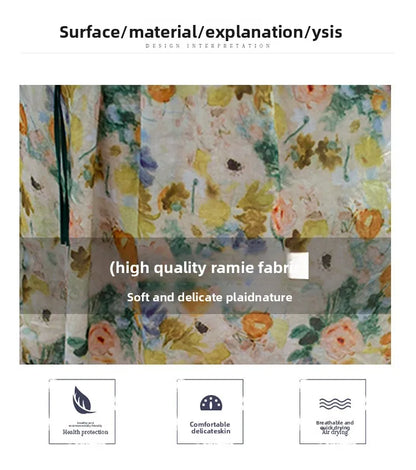 Women's Long Skirt Drawstring Waist Hemp Print A-Line Dress Korean Style Commute Flower Pattern V-Neck Summer Dress