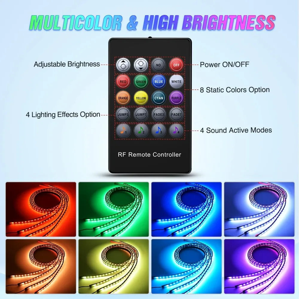 4Pcs RGB LED Underglow Strip Lights 252 LEDs Sound Active with Remote for Cars SUV Truck