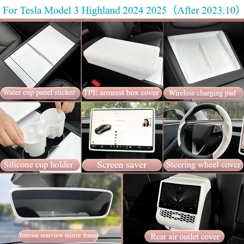 For Tesla Model Y Juniper 2025 White Interior Accessories Center Control Armrest Box Organizer Storage Box Cup Holder New Model3