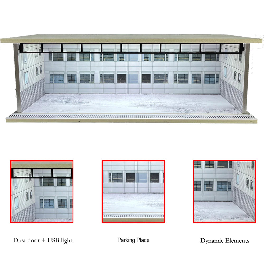 1/64 Scale Diecast Car Garage Diorama Model Miniature Case LED Light Parking Garage Diorama Kit for Collectible Cars Model
