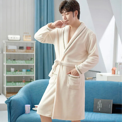 Thickened Flannel Sleepwear Coat for Men And Women Warm Winter Coral Velvet Robe Couple Home Clothes Mid-Length Bath Robe