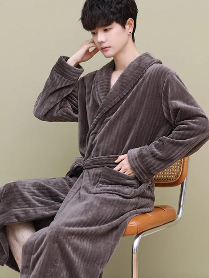 Thiened Coral Fce Men's Batobe Winter Pyjamas Flannel Robe Large Size Morning Robe Fce Home Clothes Polyester Fiber