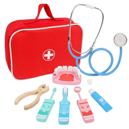 Pretend Play Doctor Toys Wooden Simulation Dentist Check Brush Teeth Medicine Set Role Playing Educational Toys For Children Kid