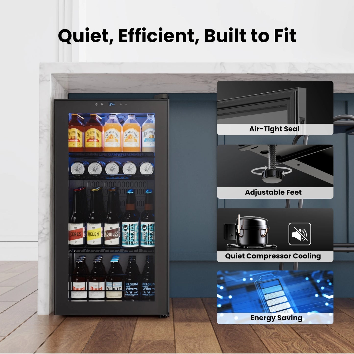 95-Can Glass Door Mini Fridge Cooler Beverage Refrigerator for Wine, Soda, and Home Bar Use