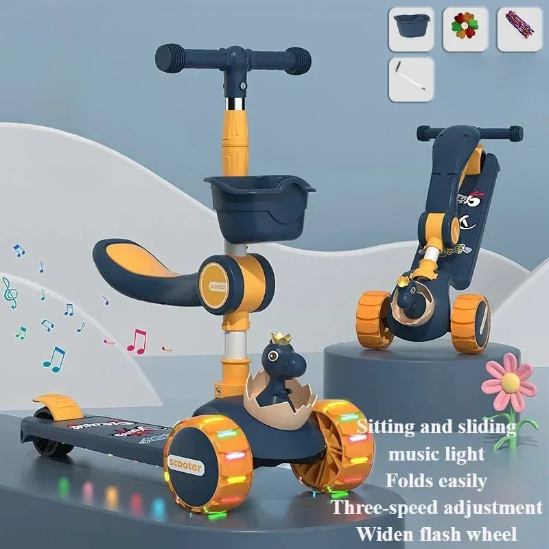 3-in-1 Kids Kick Scooter with Adjustable Height Handlebars & Removable Seat LED Lights Music for Boys Girls Outdoor Riding Toys