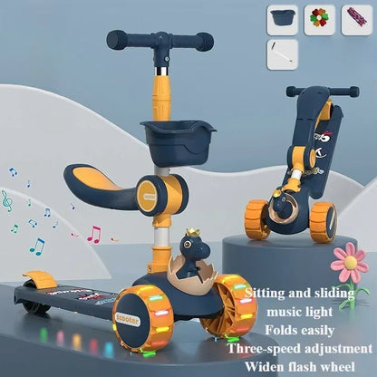 3-in-1 Kids Kick Scooter with Adjustable Height Handlebars & Removable Seat LED Lights Music for Boys Girls Outdoor Riding Toys