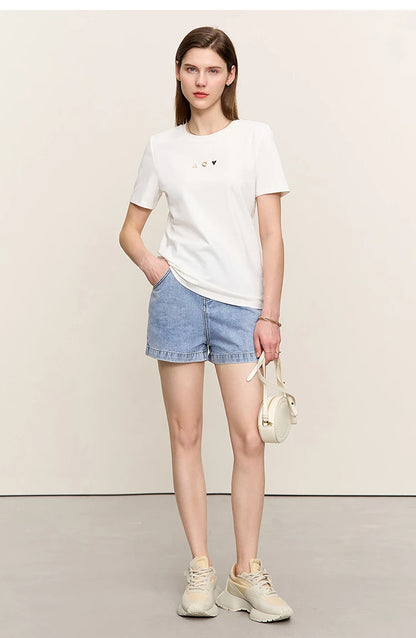 Amii Minimalist T-shirt Women's Tops O-neck Short Sleeves Geometric Decoration Antibacterial Cotton Elastic Casual Tees 12521088