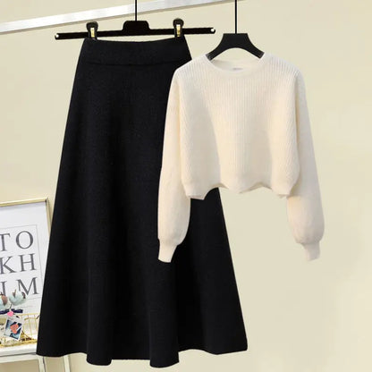 plus Size Women's Autumn Winter Knitted Sweater White Half-length Skirt Two-piece Set Slimming Concealing Anti-aging