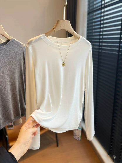 Niche Luxury Women's Solid Color Crew Neck Long Sleeve Knit Top, Soft Breathable Fabric, Casual Daily Inner Wear for Summer