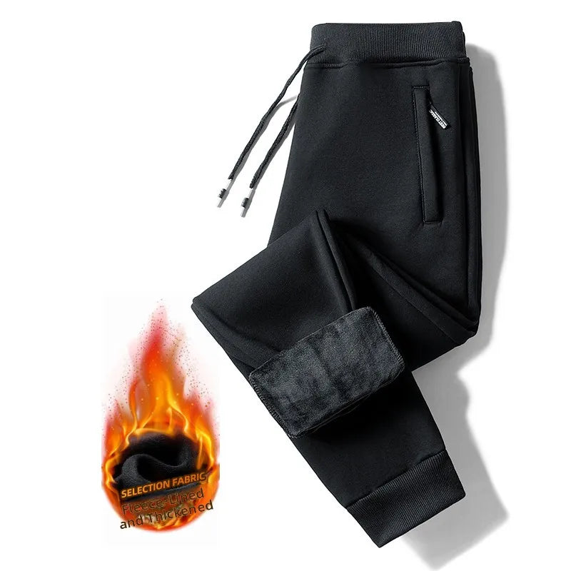 Men's Winter Thickened Fleece Lined Casual Pants Loose Fit Sporty Youthful Style mid Waist Long Trousers with Cuffed Ankle