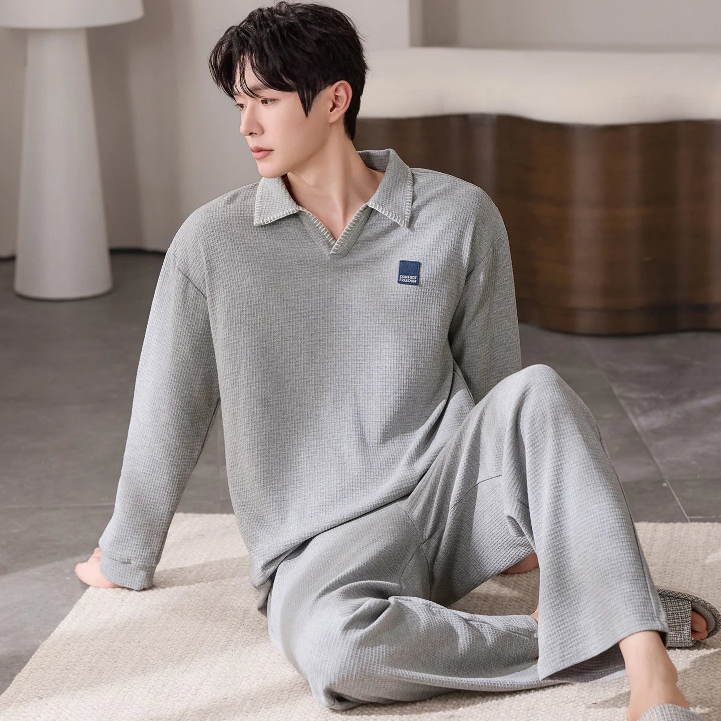 100% Pure Cotton Sleepwear Long Sleeve Collared Casual Home Clothes Set for Men Spring Autumn Seasonal Comfortable Leisure Ou...