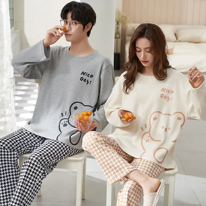 Couple Pajamas Set Cotton Autumn Long Sleeves Pants Home Suit Striped Lovers Sleepwear Comfortable Two-piece Female Pyjamas