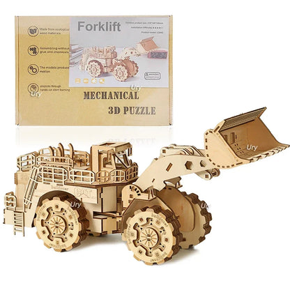 Ury 3D Wooden Puzzle Movable Retro Biplane Crane Bulldozer Handmade Assembly Truck Model DIY Toys Decoration Gift For