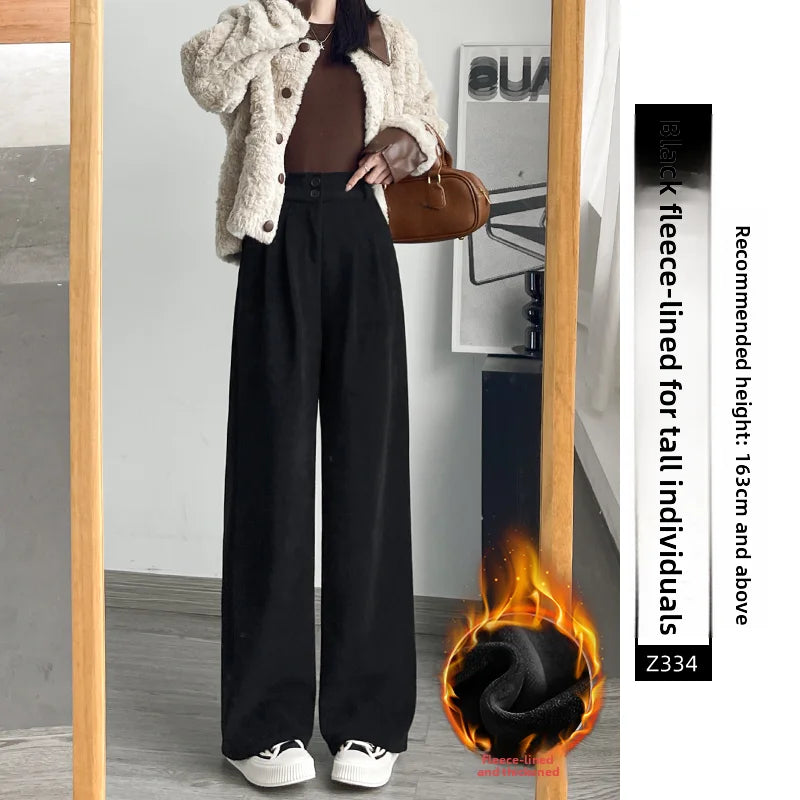 White Corduroy Wide Leg Pants Women's Autumn Winter Slim Straight Drapey Small Size Fleece Lined Suit Trousers