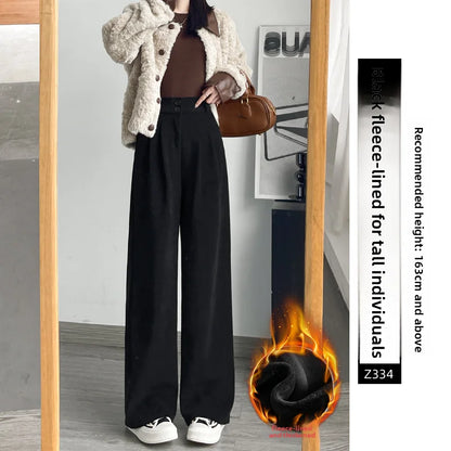 White Corduroy Wide Leg Pants Women's Autumn Winter Slim Straight Drapey Small Size Fleece Lined Suit Trousers