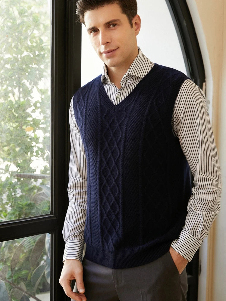 100% pure cashmere sweater men's vest vest V-neck autumn and winter knit loose twisted flower sleeveless thick sweater vest