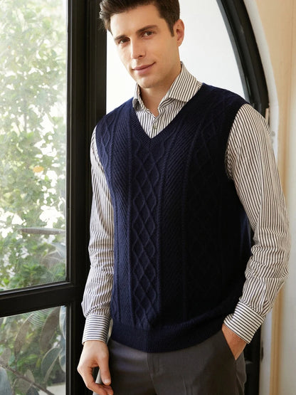 100% pure cashmere sweater men's vest vest V-neck autumn and winter knit loose twisted flower sleeveless thick sweater vest