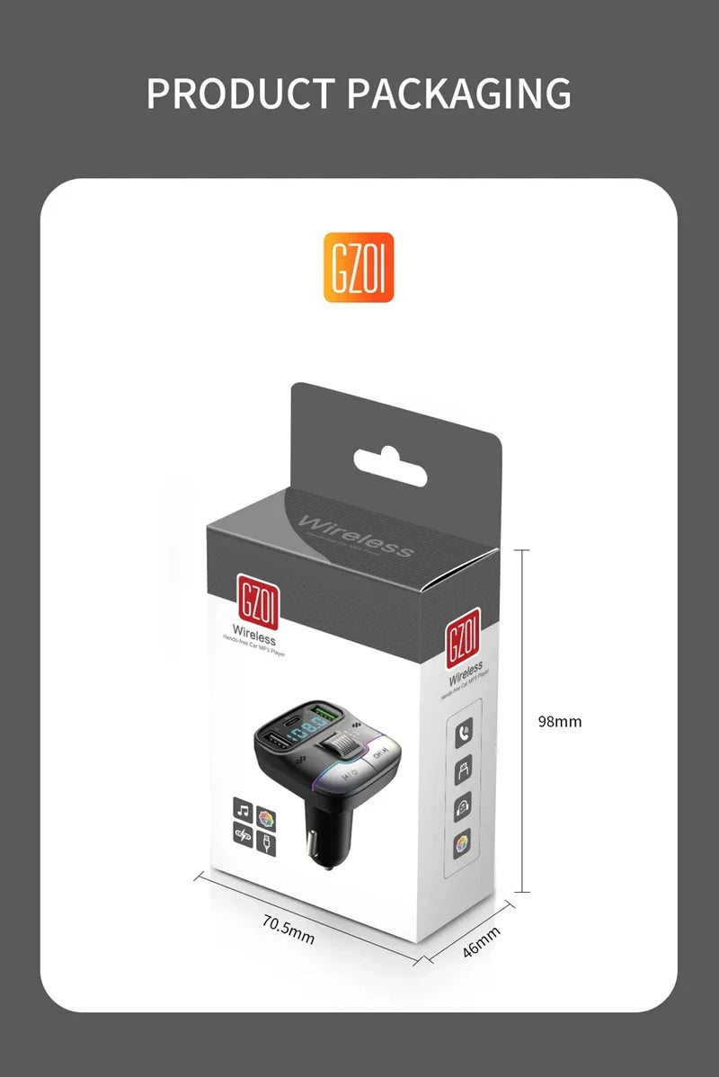 FM Transmitter Bluetooth 5.4 Hands-Free Portable Car AUX Radio Modulator MP3 Player with Fast Charging Adapter