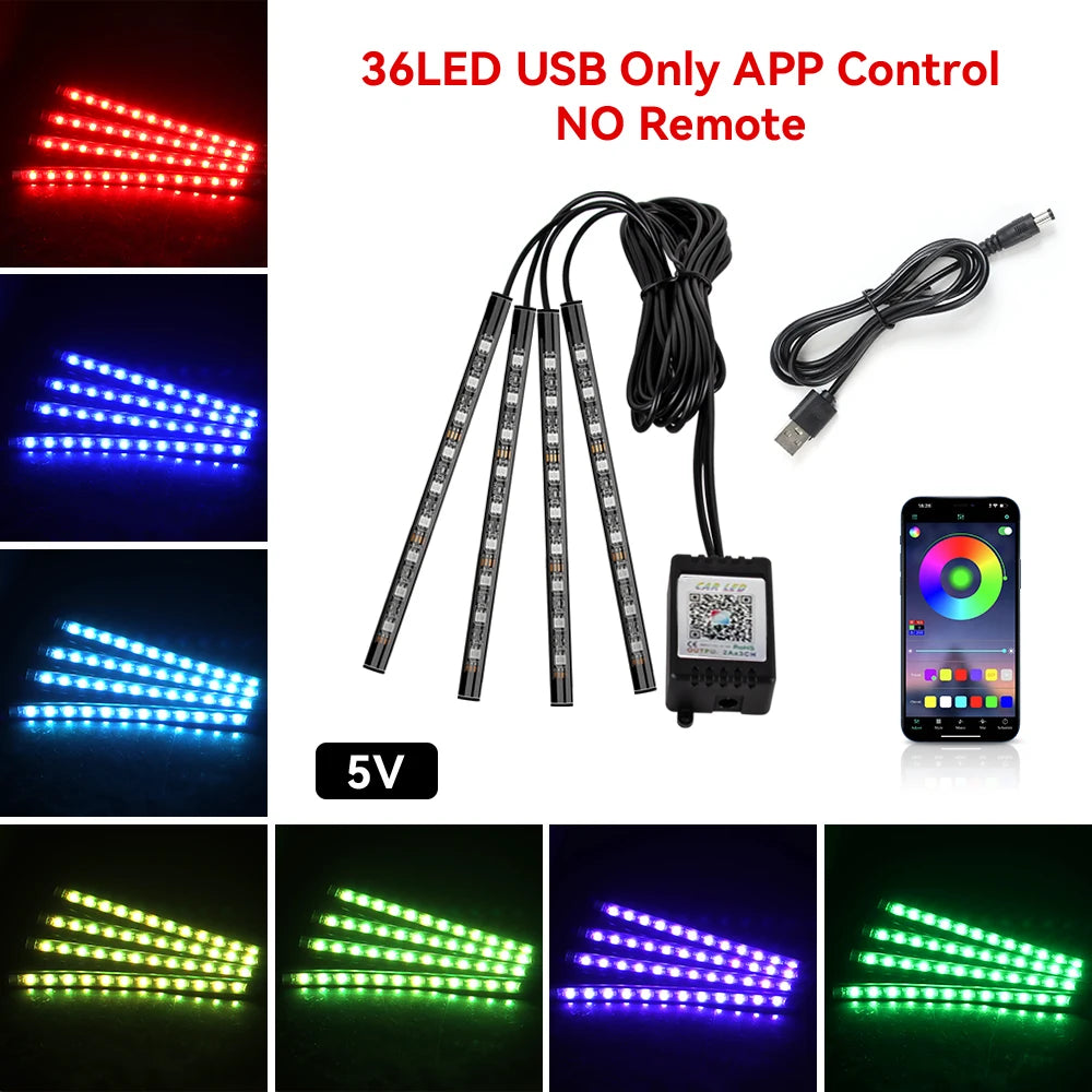 4 IN 1 Car Automotive Ambient Light Neon Foot Light Interior LED Ambient Light Car USB/Cig Music Light Environment Decoration