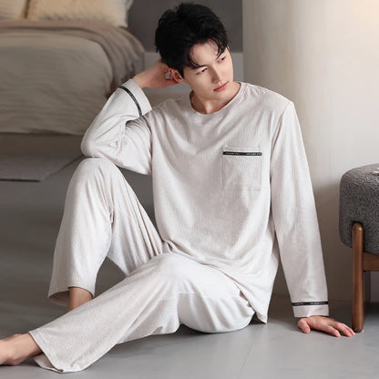 High Quality Autumn Men Pajamas Set Knited Cotton Casual Sleepwear Male Long Sleeve Pyjamas