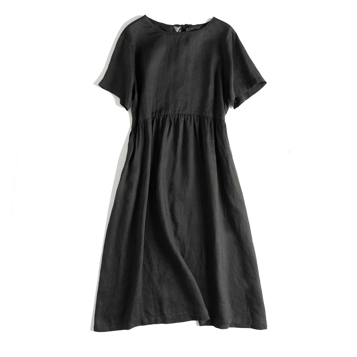 Summer Cotton Linen Women Dresses Vintage Short Sleeve Casual Loose Back Bandage Harajuku Party Club Dress With Pockets