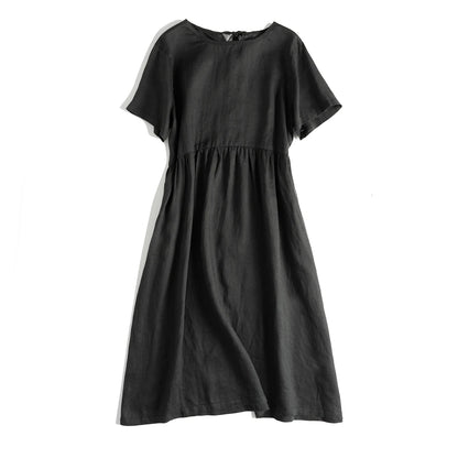 Summer Cotton Linen Women Dresses Vintage Short Sleeve Casual Loose Back Bandage Harajuku Party Club Dress With Pockets