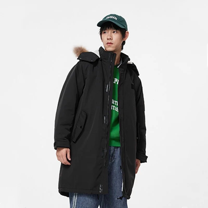 Metersbonwe Men's Loose Fit Hooded Fleece Lining Parka Coat Long Adjustable Waist Utility Pockets Hood With Detachable Fur Trim