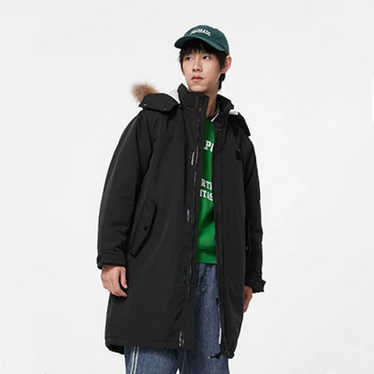 Metersbonwe Men's Loose Fit Hooded Fleece Lining Parka Coat Long Adjustable Waist Utility Pockets Hood With Detachable Fur Trim