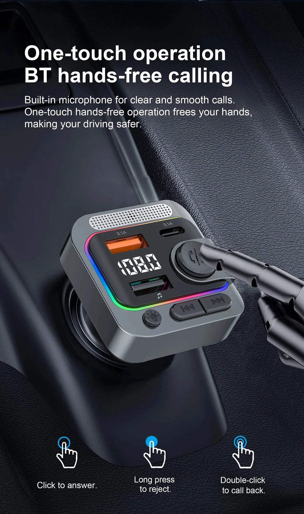 Bluetooth 5.3 Car FM Transmitter with Wireless Microphone MP3 Player Type-C Dual USB Charging Hands-Free Calling TF Card Support