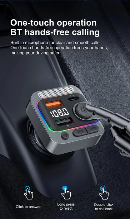 Bluetooth 5.3 Car FM Transmitter with Wireless Microphone MP3 Player Type-C Dual USB Charging Hands-Free Calling TF Card Support