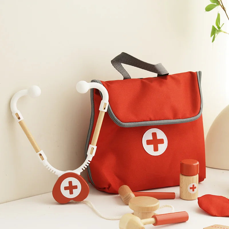 Wooden Pretend Play Red doctor's kit Educational Toys for Children Medical Simulation Medicine Chest Set for Kids Role Playing