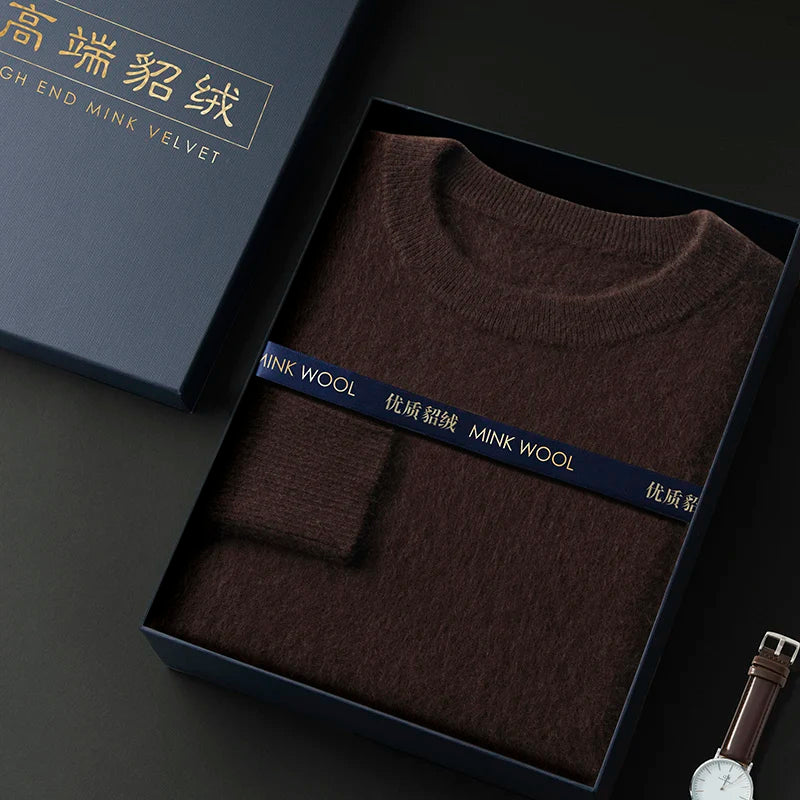 100% Pure Mink Cashmere Men's Round Neck Sweater For Autumn Winter, Casual Knitted Long Sleeved Pullover Sweater Men's Clothng