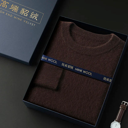 100% Pure Mink Cashmere Men's Round Neck Sweater For Autumn Winter, Casual Knitted Long Sleeved Pullover Sweater Men's Clothng