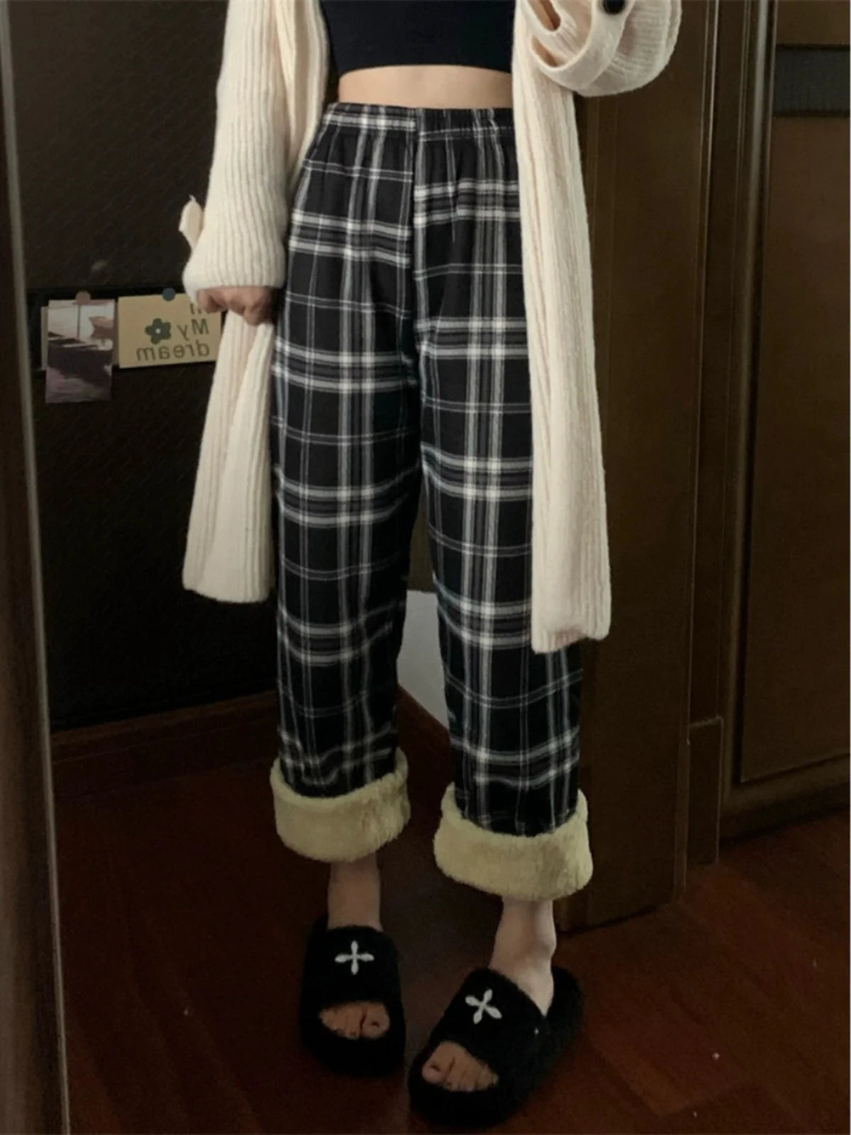 Lamb Velvet Fleece Lined Thick Plaid Casual Pants Women's Autumn Winter Loose Straight Leg Wide Leg Cotton Sleepwear Trousers