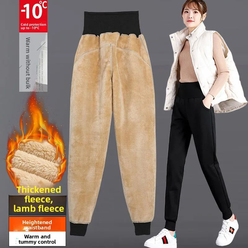 plus Size Fleece Lined Thickened Lamb Velvet Casual Slim Fit Pants Winter New Loose Warm Slimming Straight Leg Sweatpants