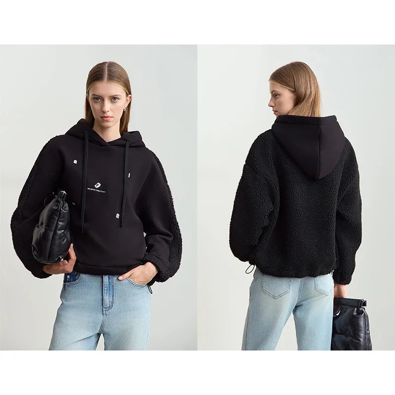 Amii Drawstring Hooded Splicing Imitation Lamb Wool Sweatshirt Embroidered 2024 Winter Women's Loose Thermal Tops 12444131