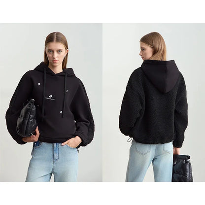 Amii Drawstring Hooded Splicing Imitation Lamb Wool Sweatshirt Embroidered 2024 Winter Women's Loose Thermal Tops 12444131