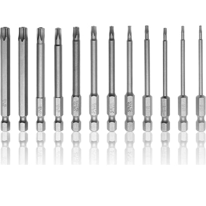 11PCS Torx Head Screwdriver Bit Set Magnetic 1/4" Hex Shank S2 Steel 3 Inch Long Drill Bits Security Torx Bits T6-T40 50/100mm