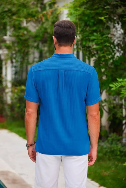 Hawaiian Men's Retro Cotton And Linen Henry Shirt Casual Loose With Sporty Stand-up Collar Buttons 2025 New Men's Casual Shirt