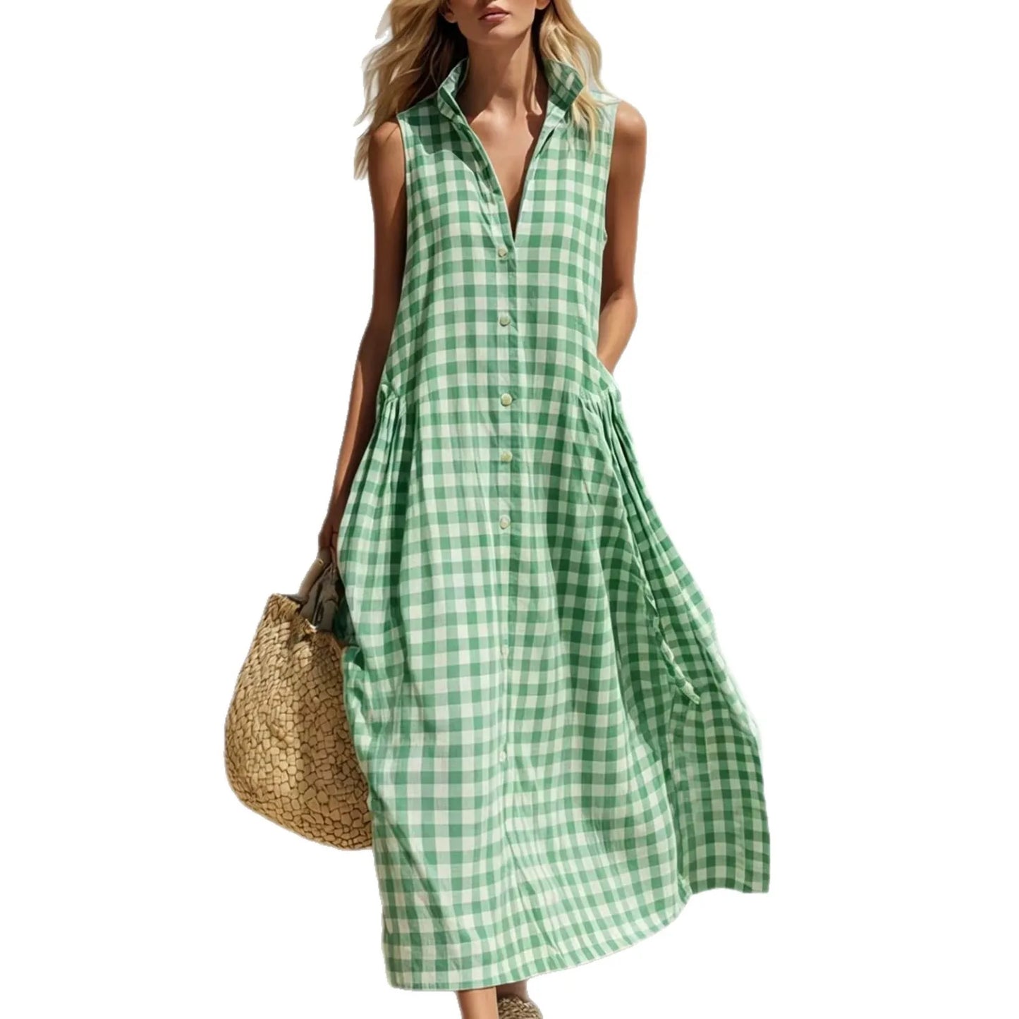 2026 Women Vintage Plaid Dress Sleeveless V-Neck Loose Midi Dresses French Retro Summer Beach Vacation Casual Chic Boho Sundress
