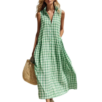 2026 Women Vintage Plaid Dress Sleeveless V-Neck Loose Midi Dresses French Retro Summer Beach Vacation Casual Chic Boho Sundress