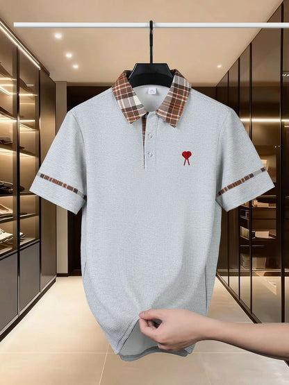 High end brand polo shirt top heart embroidery 2026 summer men's short sleeved casual and comfortable cool striped lapel T-shirt