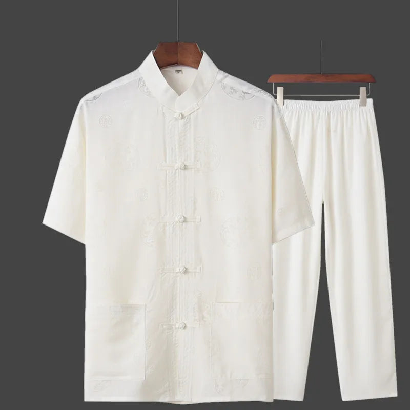Spring Summer Large Size Linen Cotton Men's Tang Suit Ethnic Style Hanfu Set Home Wear Comfortable Loose Fit Traditional Chin...