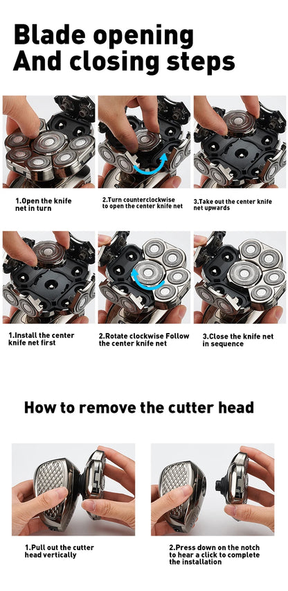 Men's Bald Head Electric Shaver 9 Blades Floating 6In1 Heads Beard Nose Ear Hair Trimmer Clipper Facial Brush Rechargeable Razor