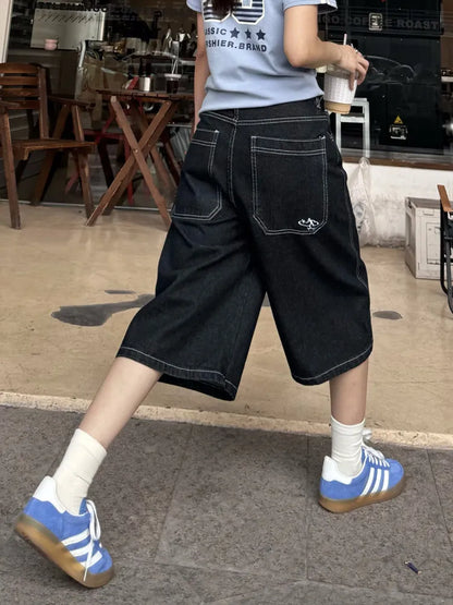 American Retro Loose Wide Leg Street Jeans Seven-Foot Casual Shorts Men Women Summer Small Audience Knee-Covering Jeans